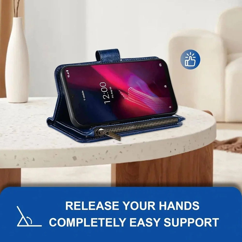 T Mobile Revvl 4‎ Wallet Case Leather Blue Zipper Card Holder Lanyard Strap